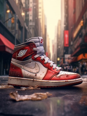 A huge clean Air Jordan 1 Retro High OGplaced on a city street, surreal Air Jordan 1 Retro High OG, city street, installation art style, Carlos Jimenez Varela style, advertising design images,Cinematic style, surreal 3D landscape style, shoe ads, posters, ar 3:4s 400 niji 6