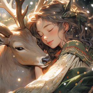 圣诞艺术与女孩拥抱一只快乐的鹿