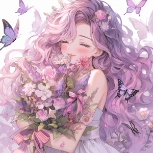 一个女生，手捧鲜花，粉色加点紫时的长卷发，旁边有蝴蝶，仙境