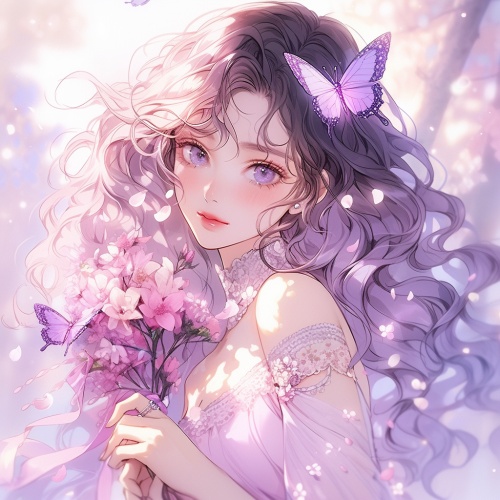 一个女生，手捧鲜花，粉色加点紫时的长卷发，旁边有蝴蝶，仙境