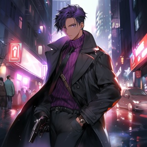 一位男生，侦探，紫色的头发，18岁的样子，高冷，城市，手上拿着一把枪