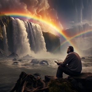 A man struggling between unemployment versus death next to a waterfall with a beautiful rainbow
