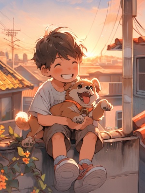 快乐与忧伤：开心小男孩与柴犬在房顶上的宫崎骏风格场景