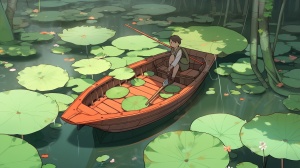 A miniature girl paddling a miniature wooden boat, on the river, among giant and tall lotus leaves, incredibly big water plants, ahead is a giant red fish tail beneath the clear water, bird's eye view