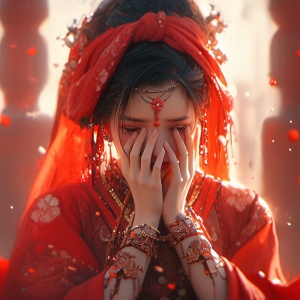 古代中国风格，阳光，明亮的光，古代中国人物造型，一个穿着红色衣服的女孩，在宫殿里，手摸着脸，哭泣的表情，眼泪，大哭，令人惊叹的史诗古代中国主题，详细的面部细节，最高质量，最好的细节，详细的面部详细信息，广角，大师的作品