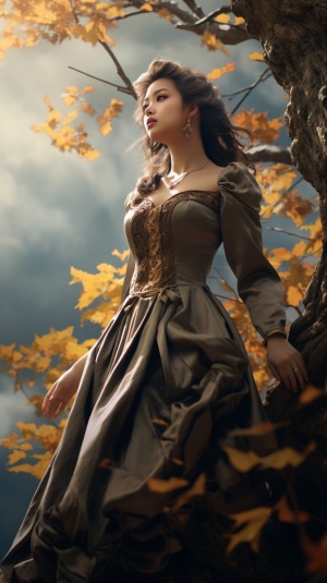 一个穿着秋季灰色连衣裙的亚洲美女。孤独落寂靠在一颗大树上，仰头望向天空