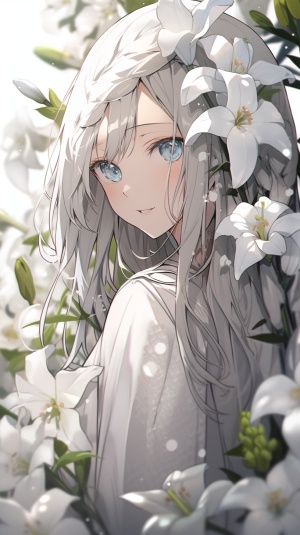 小白花，清纯少女一身白色连衣裙，单纯的眼眸
