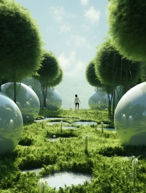 Photos of people walking through the light green garden,in Chen Zhen style, surreal3d landscape, Li Tiefu, pointed mounds, charming landscape, spherical shape, high-definition out of the picture