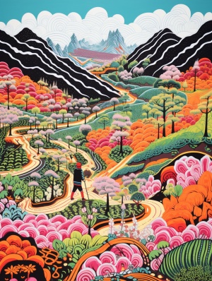 一个中国乡下青年农民在山地里弯着腰搜地，很酷，色彩鲜艳，以Keith Haring的风格涂鸦，Sharpie插图，MBE插图，粗线条，格伦奇美风格，混合图案，山树花草装置-AR 3:4-S 250-Niji 5