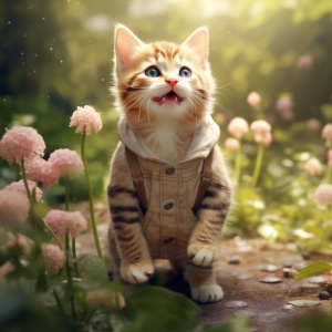 一只可爱的小猫咪穿着可爱的猫咪装，站在一座小花园中，花园中花团锦簇，猫咪闻着花香，显得特别开心和兴奋，18k高清
