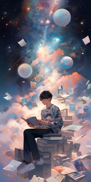 少年侧面坐着读书 背景是世界 云 宇宙 书籍