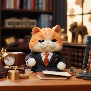 一只穿着律师服的小橘猫，坐在办公桌前开讲的样子，背景是在办公室里，背后是书柜