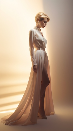 Full-length photo, a beautiful woman wearing a fashionable split skirt, standing like a model, wearing fashionable high heels,Face to camera.Young Korean girl princess.Golden ear-length short hair, shiny silver earrings, milky white skin, smooth back, milky white back skin, back button focus, silhouette light, atmosphere light, projection lamp, hair light, close-up photos, dramatic and amazing award-winning photos, dramatic linearity and delicacy, shot on Sony aiii high-resolution digital camera, super real