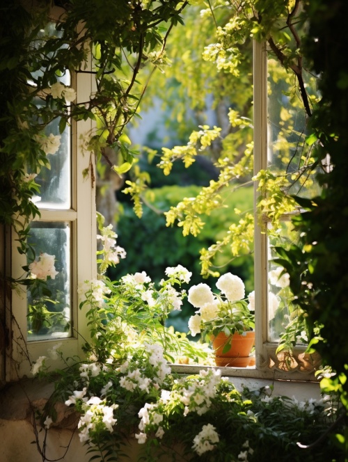 春天的窗外，春暖花开，树枝上冒出了嫩绿的新叶，枝头上长出各色的小花，一丛丛爬上了墙面，星星点点的小花与嫩绿的新叶、古朴的窗户和好看的外墙，栀子花窗户上有窗帘，推开窗，窗外是模糊背景的开满各色鲜花的花园，唯美系风格，拍摄效果。