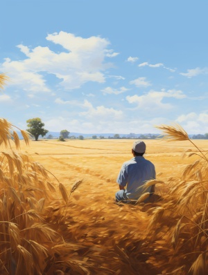 一个农民坐在地头看着麦田里的麦子，麦田地头一个大柳树 麦穗 河流 马路