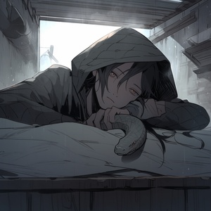 Ito Runjistyle, Rough American anime style, Ito Runji, in the bedroom, scale atmosphere, freehand style, a young man dressed in rags, curled up in a coffin, with eyes closed and a confused expression. A huge snake curled up, hazy moonlight, still, with a gloomy bedroom in the background, 00002 ar 1:1 s 150 v 5.2 style raw