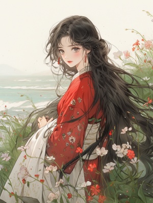 一个长着黑色长发的女孩，穿着红色和白色的汉服，站在一望无际的大海边，高高的茂密的草，野花，她具有精致的面部特征，飘逸的长卷发，并以超高清晰度描绘。背景配色方案主要由浅绿色和浅蓝色色调组成。它以奈良吉托的风格创作，具有传统的中国水墨画风格和手绘细节。