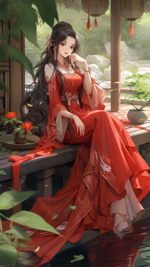 Beautiful Chinese girl in a red and gold ancient style dress sitting on a wooden deck, with green plants behind her and a lotus pond next to the wood floor, holding a small white teapot with tea leaves scattered around, wearing a golden jewelry necklace around her neck, with her legs crossed over each other and wearing high heels, with Chinese style makeup and long black hair tied back by a headband, in a side view full body shot, photography with high resolution and super detailed skin details, with studio