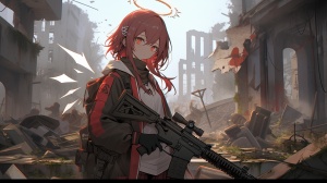 红发少女带M16突击步枪在城市废墟中寻找