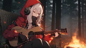 一位白色头发的少女，身上穿着红色花纹兜帽卫衣，戴着战术耳机，脖子缠绕红色方格着围巾，双手端着一把M16突击步枪，她正在一处森林之中，和同伴围着篝火取暖。