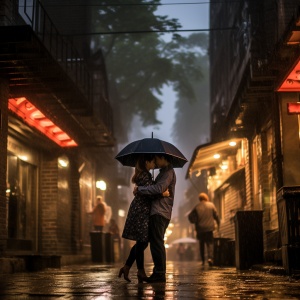 漫步在成都古里。一对情侣在满天大雨的街头拥吻