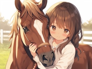 农场 一匹漂亮的棕色的大马和一匹可爱的小马 小马的背上驮着一个口袋 高清 动漫 精美画质