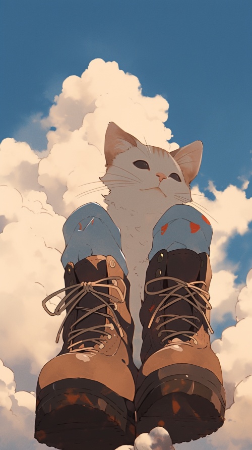 in style of Chris Ware，拟人化，一只穿靴子的猫，天空，云朵，厚厚的云层，温馨，可爱，高清晰，高分辨率 s 750 q 1 v 6