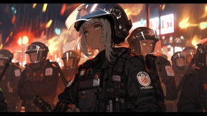 一位灰色头发的少女，她是镇压暴乱的警察，穿着防弹衣和防弹头盔，双手握着一把手枪在燃烧的城市中镇压暴乱，身边都是闪着警灯的警车。