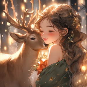 圣诞艺术与女孩拥抱一只快乐的鹿，在精确和栩栩如生的风格，星星艺术团 (兴兴)，精致的阴影，迷人的现实主义，绿色和棕色，32k uhd，迷人的草图