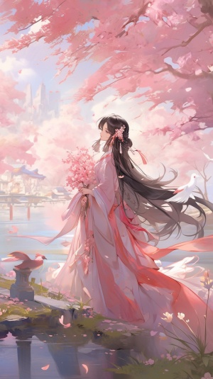 一个女孩，穿着粉红色汉服，在桃林散步，有一个湖，周围有五颜六色的花