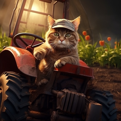 3D效果，一只猫在开拖拉机耕地，农忙，氛围感强，摄影，4K输出。