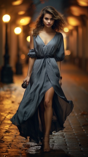 一个穿着秋季灰色连衣裙的美女。孤独落寂的走在无人的夜色街道上