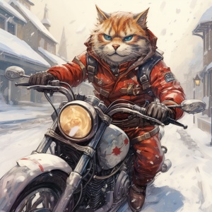 一只帅气的猫，穿着红色的盔甲，骑着汗色摩托车，在虎牢关里迎着大雪狂奔，背面是城，城左下边有一条沟结冰，4K输出，氛围感强。