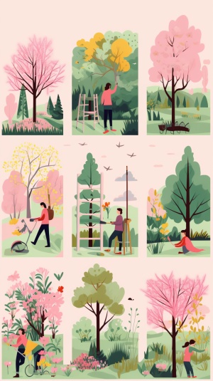 人们种植树木的平面插图，周围是绿树和鲜花，色彩柔和，线条干净。背景为淡粉色，营造出充满活力和环保的氛围。在风格的风格。