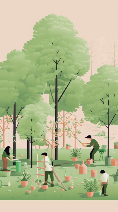 平面插图显示人们种植树木，周围环绕着绿色植物和高大的树木，叶子呈浅粉红色和翠绿色。穿着园艺的人们在树干周围种植幼苗。背景是柔和的柔和色彩，增添了整体的宁静氛围。强调简约和极简主义，简洁的线条和几何形状采用极简主义风格。