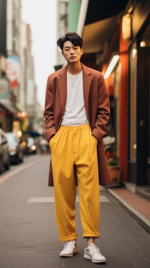 一个20岁亚洲男子，穿着款式时尚，色彩简单搭配合理，给人一种活力四溢的感觉。全身照，站无人的在街上