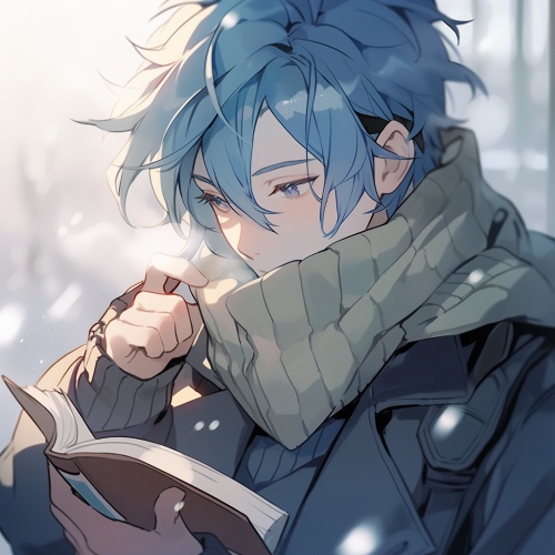 一位男生，蓝色的头发，很高冷，喜欢看书，校园