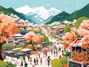 中国式山村梨花节，矢量插图。梨花盛开，大车小车在路上，游客人来人往，极简，构图饱满，平涂颜色，色彩鲜艳，马蒂斯风格。