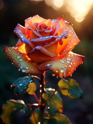 A colorful rose with dew on its petals in the morning light.