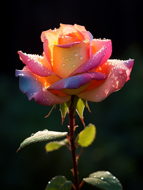 A colorful rose with dew on its petals in the morning light.