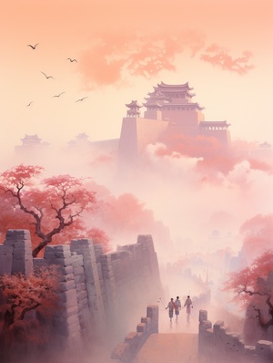 A group of people walking on the ancient city wall, in the style of traditional chinese landscape, light magenta and light pink, kazuo koike, mist, illustration, fanciful landscapes, dansaekhwa, light green and white, und image, li shuxing, soft, dreamy landscapes ar 9:16