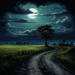 夜晚，漂亮的农村田野，天空有一轮明亮的小月亮，少云，地面有一条道路，道路两边有树，有田地