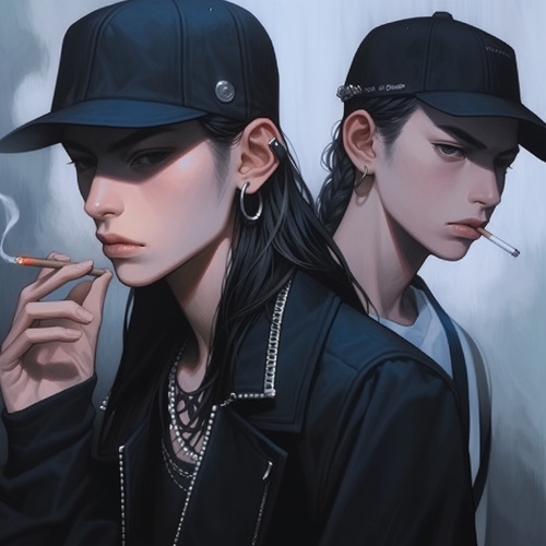 日本不良少年，戴黑帽，穿定制校服，叼着烟。