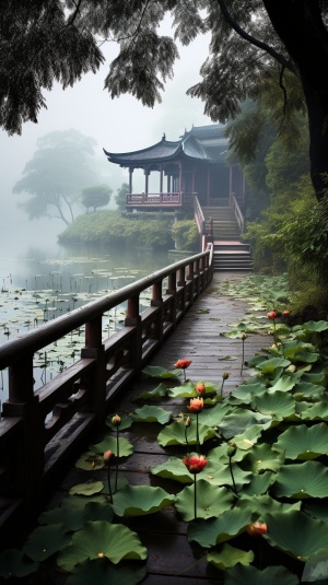 杭州西湖，断桥，下雨天，烟雨蒙蒙，湖水，水上有荷花，超高清