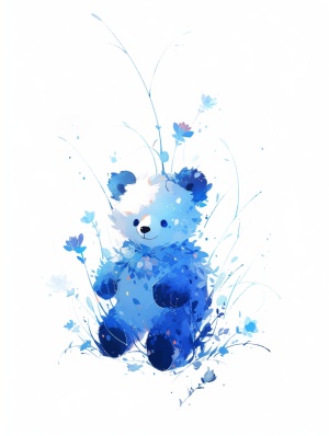一只可爱的熊，蒲公英，可爱，以极简的风格绘画，超精细的细节，光线，明亮的蓝色，白色的背景，创作共用归属，森系，绘制插图，安详的面孔