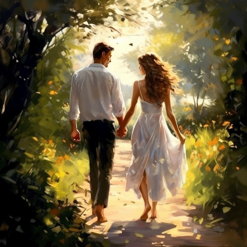 可爱情侣，全身，开心，甜蜜，在外边园间小路手拉着手散步
