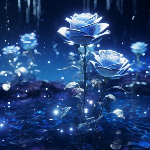 有一个充满蓝色玫瑰的海底世界，晶莹剔透，花瓣上有闪闪发光的水滴。背景颜色应为深海蓝色以形成对比。使用电影照明技术来突出细节和纹理。使用虚幻引擎技术，您可以为这个场景设计3D模型，创造令人惊叹的视觉效果。晚上，玻璃花中的灯光会发光，并通过黑暗的水域反射光线。高分辨率摄影风格，超高清图像的摄影风格。