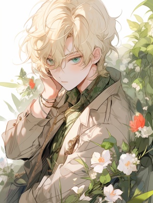 少男，金色的头发，绿色眼睛，穿绿色衣服，手捧鲜花