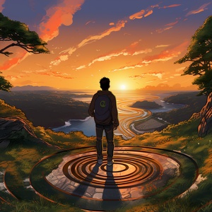 A young Asian person standing at the beginning of a winding path that stretches into the horizon, symbolizing the journey of life. They are dressed in modern casual attire, reflecting a contemporary lifestyle. The background is a vibrant sunrise, symbolizing hope and the start of a new day. The overall tone is warm and encouraging, with a realistic style that captures the textures and details of the scene.