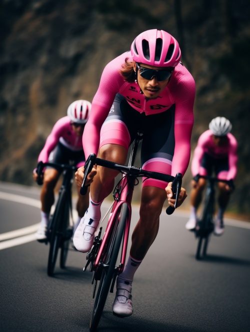 一位身穿粉色赛车服的专业骑手作为领头羊，表情坚定，带领着一群自行车手沿着曲折的山路前行的场景。领头骑手身体前倾，专注而有力地踩动着踏板，周围的队友紧随其后，保持队形。